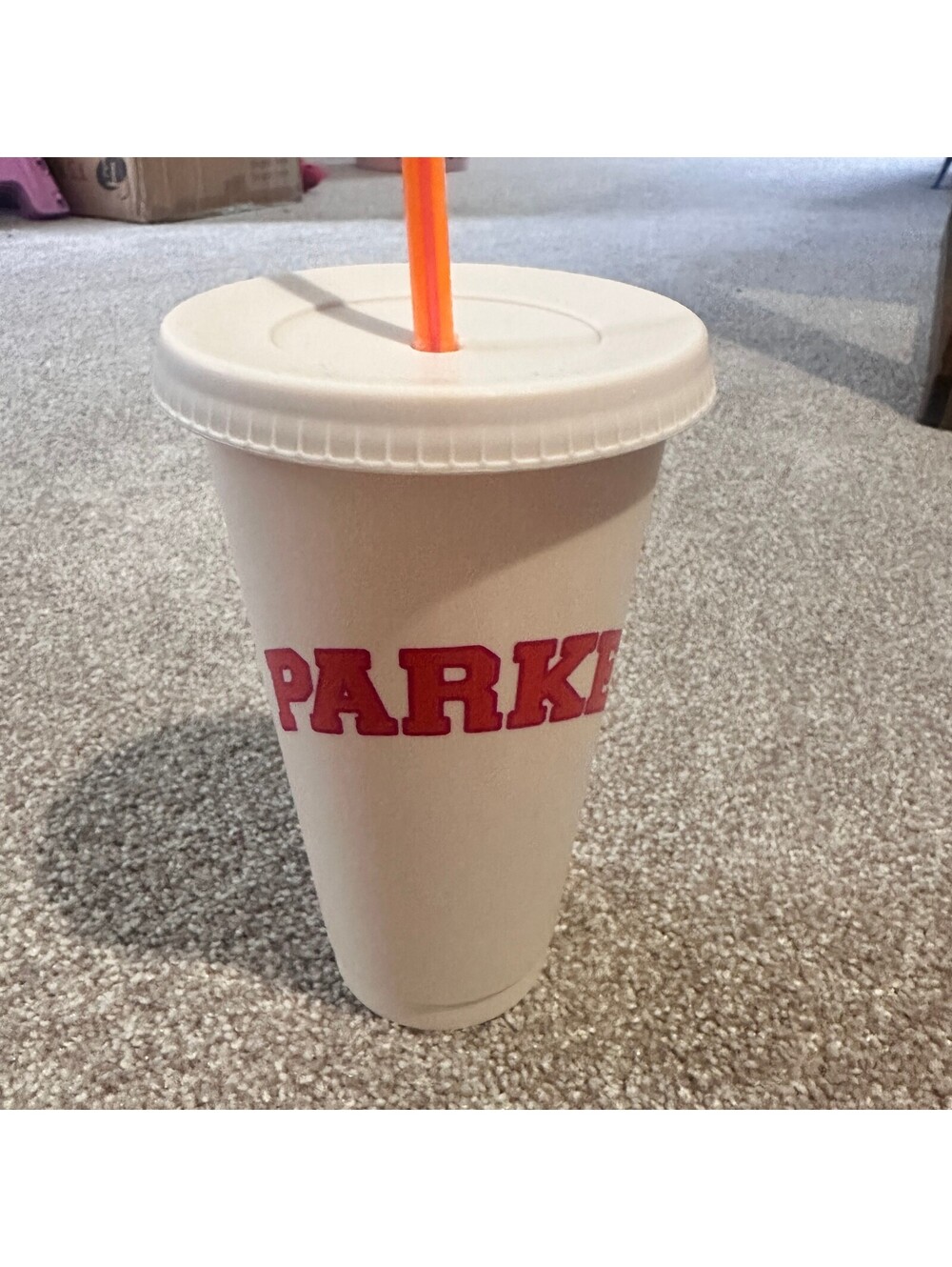 Parke Reusable White Plastic Tumbler with Lid and Orange Straw Limited Edition